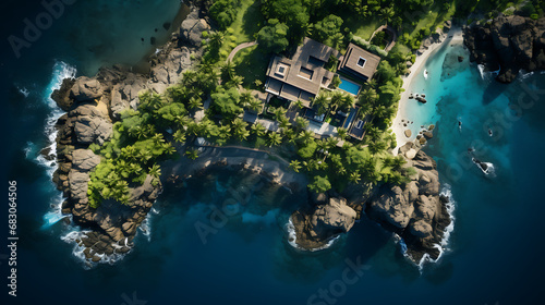 Vista aerea de una isla con una casa de lujo © VicPhoto