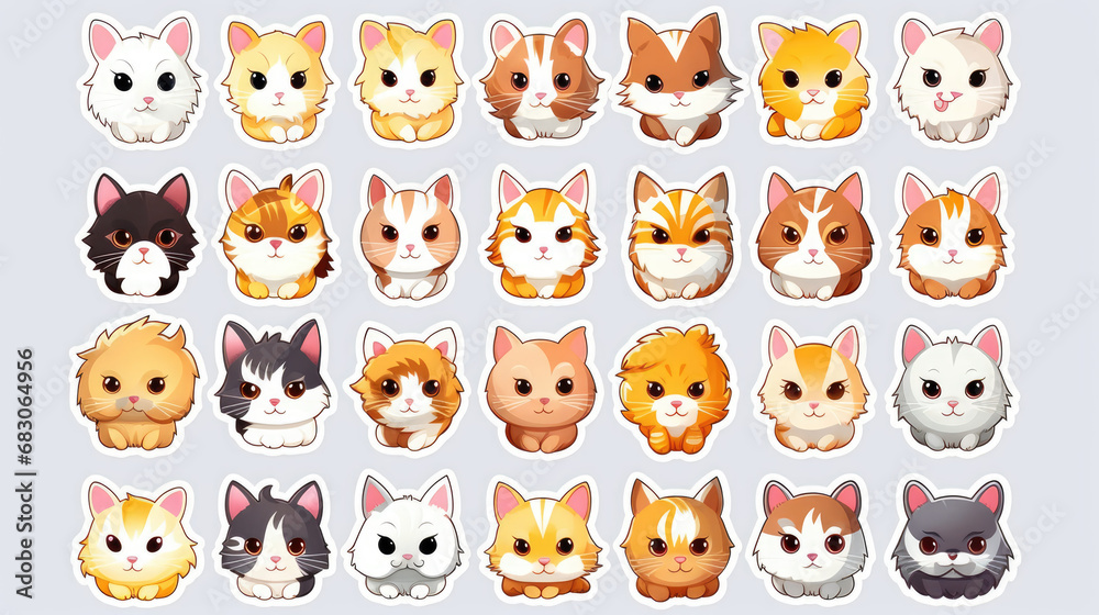 Cat portrait stickers with a selection of adorable cat breeds on a clean background.