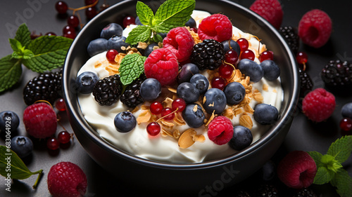 delicious cream with fresh fruits and nuts on a black background.