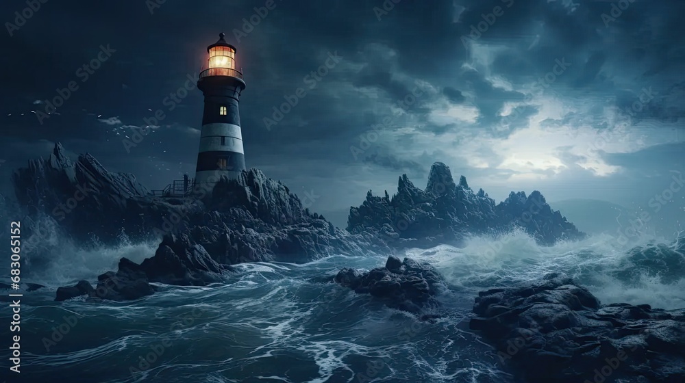a lifelike lighthouse set against a deep sea blue background with rain, evoking a sense of coastal drama.