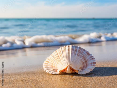 Close-up of a single, pristine seashell on a sandy beach.