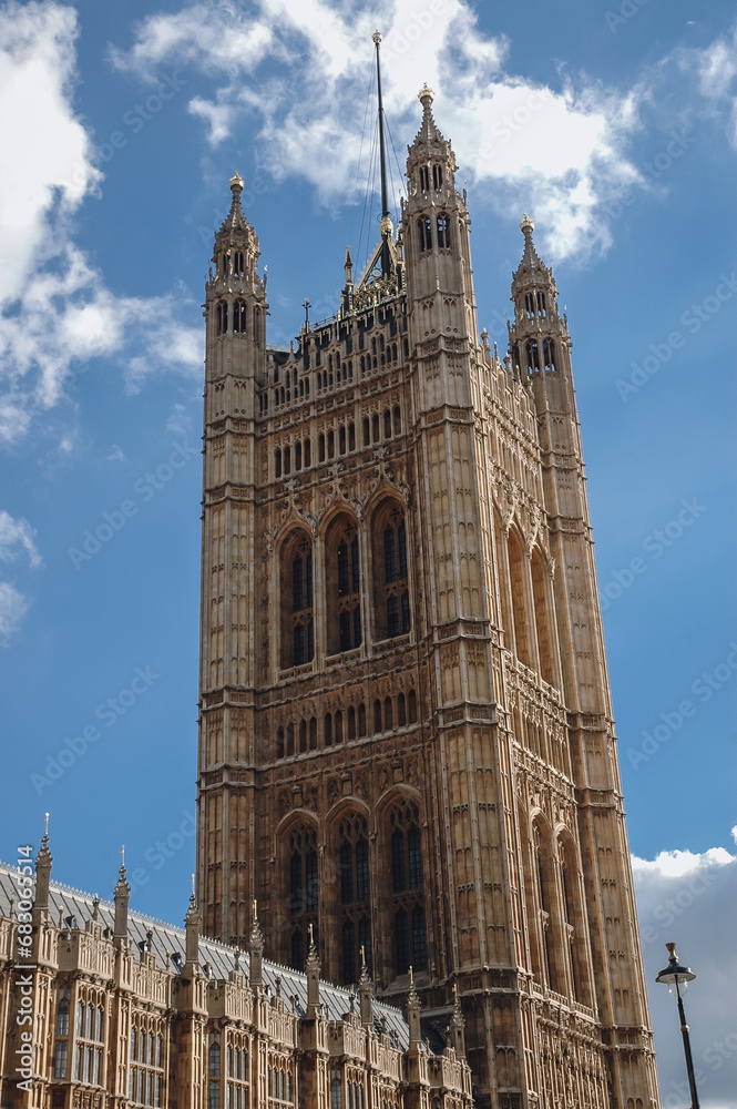 Palace of Westminster in London, UK with Victoria Tower, view from Old Palace Yard