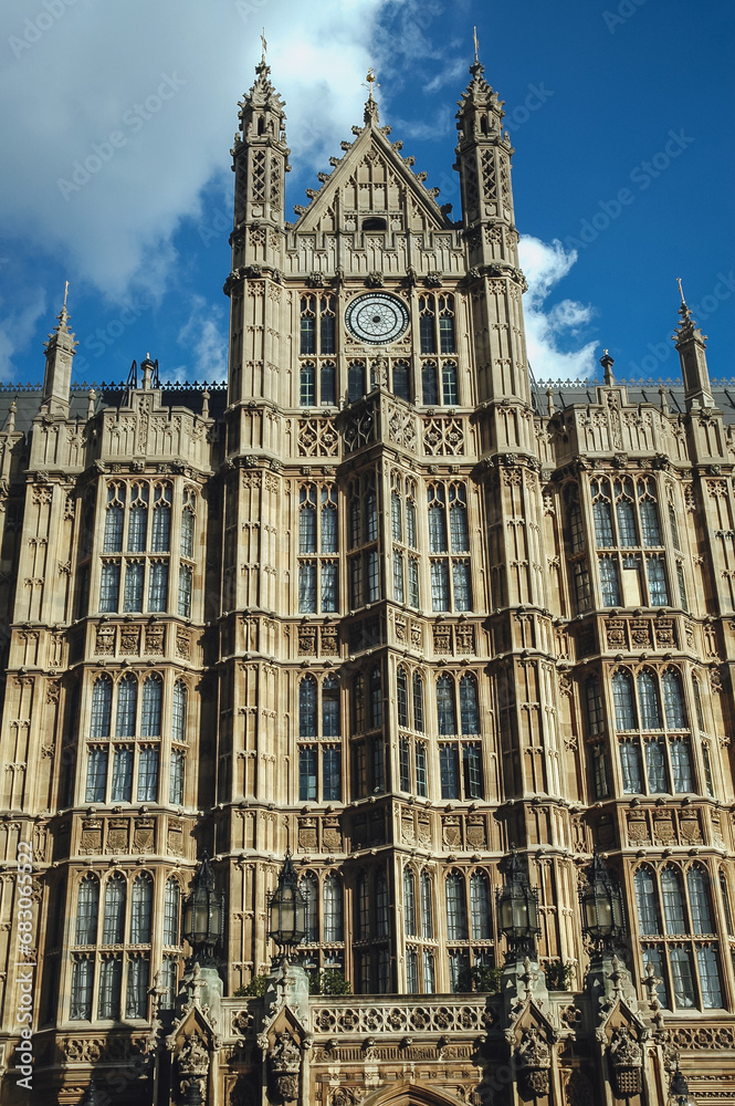 Facade of Palace of Westminster in London, view from Old Palace Yard, UK