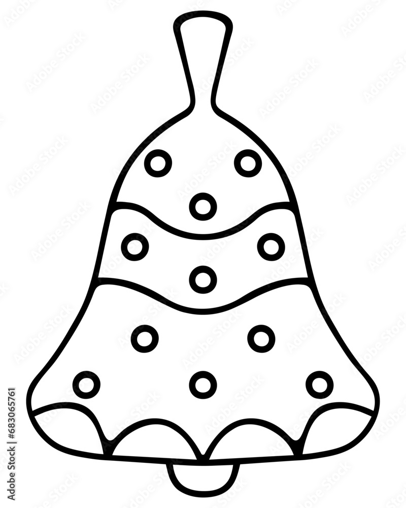Christmas bell. Sketch. Vector illustration. Doodle style. The musical instrument is decorated with waves and circles. Coloring book for children. Outline on isolated background. Christmas bell. Sketch. Vector illustration. Doodle style. The musical instrument is decorated with waves and circles. Coloring book for children. Outline on isolated background.