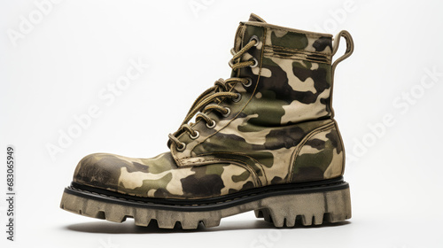Camouflaged Combat Boot on White Background