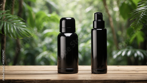 Plain black cosmetic bottle on a wooden table with a beautiful tropical forest as a background