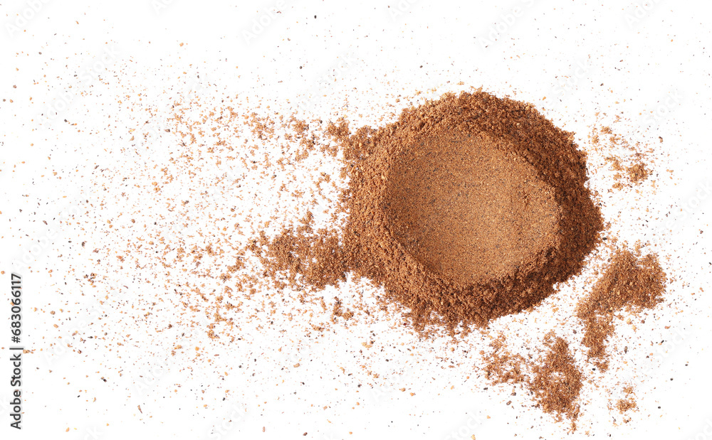 Milled nutmeg powder isolated on white, top view Milled nutmeg powder isolated on white, top view