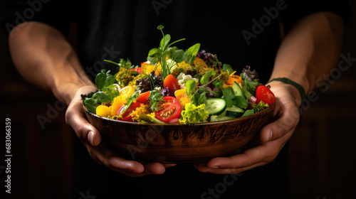 Close-up of a hand presenting a vibrant and fresh salad bowl, promoting healthy eating and lifestyle choices.
