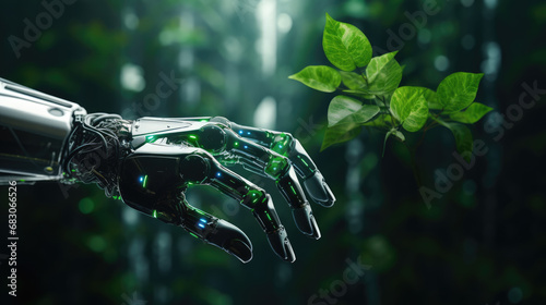 A closeup of a sleek, futuristic robot hand holding a flourishing green plant, showcasing the synergy between technology and nature.