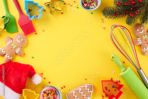 Concept of preparing Christmas sweets. Top view shot of gingerbread cookies, candies, baking utensils, baking pans, santa hat, fir twigs, stars on yellow background with ad space