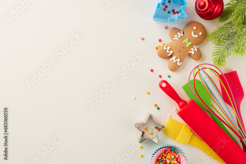 Notion of creating festive treats. Top view photo of sweet cookies, candies, xmas decor, pastry tools, baking molds, fir twig, stars on light beige background with promo zone