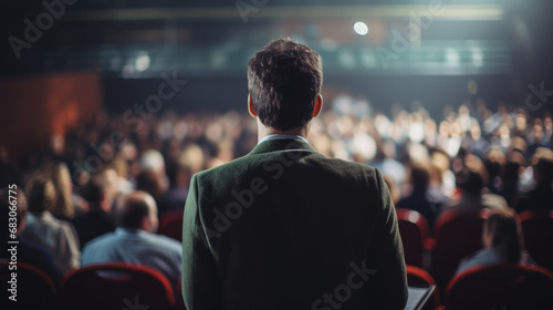 A speaker addressing an audience in an auditorium during a seminar, viewed from behind, showcasing the educational interaction. © Bela