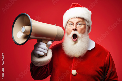 Santa Claus with megaphone on red background.