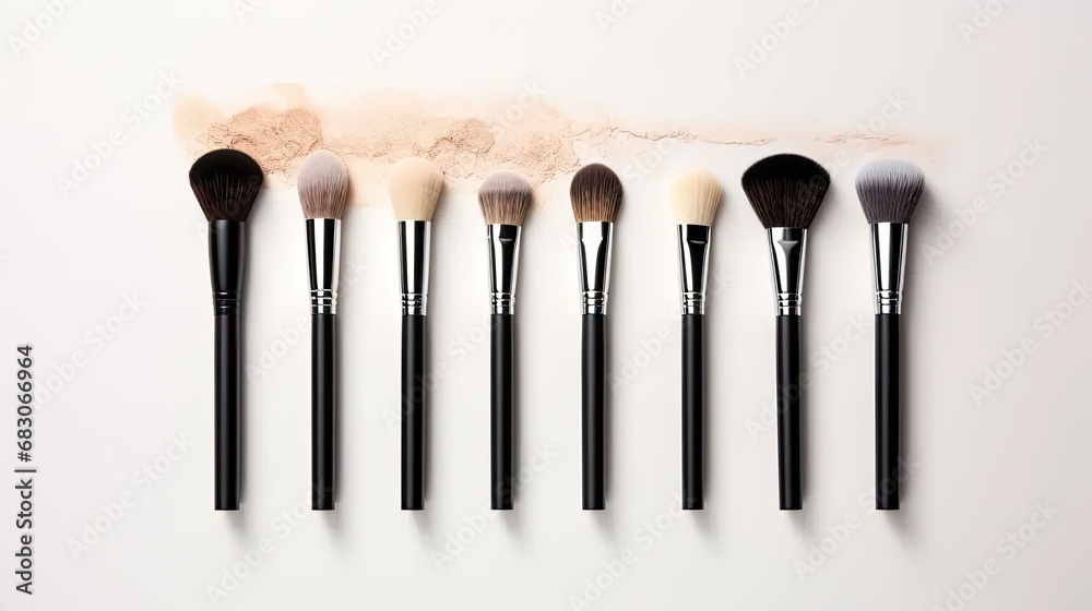 5 makeup brushes, each with a matte metal nozzle and acrylic transparent brush rod. Use a light background to enhance the modern minimalist style, providing space for text or invitations. 5 makeup brushes, each with a matte metal nozzle and acrylic transparent brush rod. Use a light background to enhance the modern minimalist style, providing space for text or invitations.