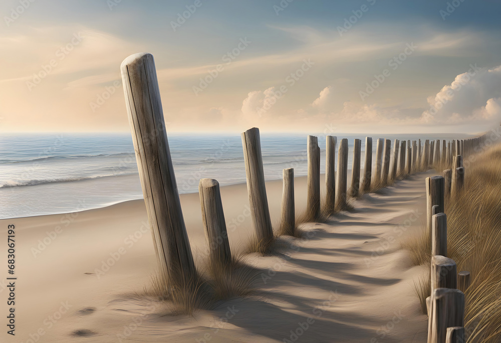 Romance on the beach, a long breakwater of old low wooden poles runs from the beach to the sea, obliquely from an angle, photorealistic - obrazy, fototapety, plakaty 