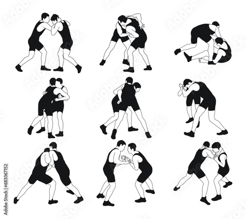 Outline silhouettes of athletes wrestlers. Greco Roman, freestyle, classical wrestling
