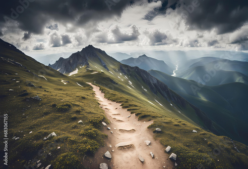 Long mountain trail in the mountains. Trail on the ridge of the mountains. Beautiful panorama of nature photo