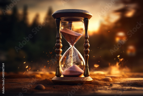 A vintage hourglass with sand slowly trickling down, marking the passage of time into the new year. Concept of temporal transition. Generative Ai.