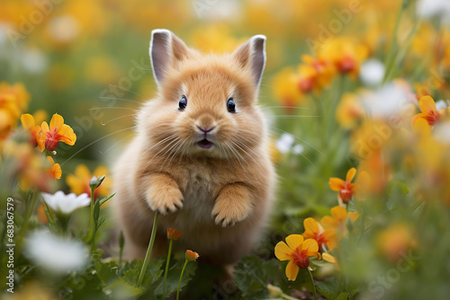 Little fluffy decorative rabbit running on field, Easter concept