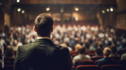 A speaker giving a lecture to an audience in an auditorium, seen from behind, emphasizing the seminar's engaging atmosphere.