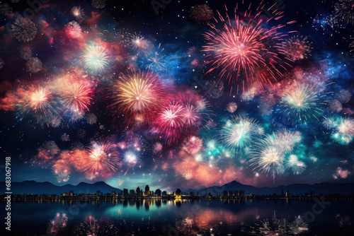 A mosaic of colorful fireworks lighting up the night sky, symbolizing the beauty and excitement of the new year. Concept of dazzling celebrations. Generative Ai.