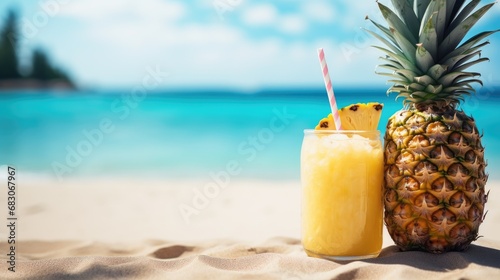 Pineapple smoothie on the sandy beach with turquoise sea background