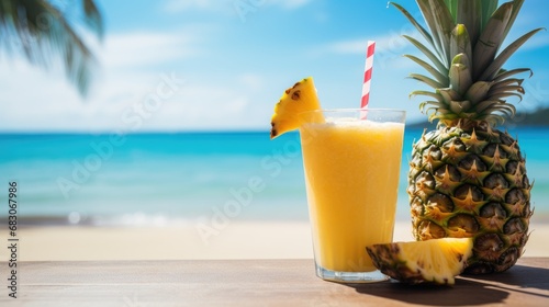 Pineapple smoothie on the wooden table with tropical beach background