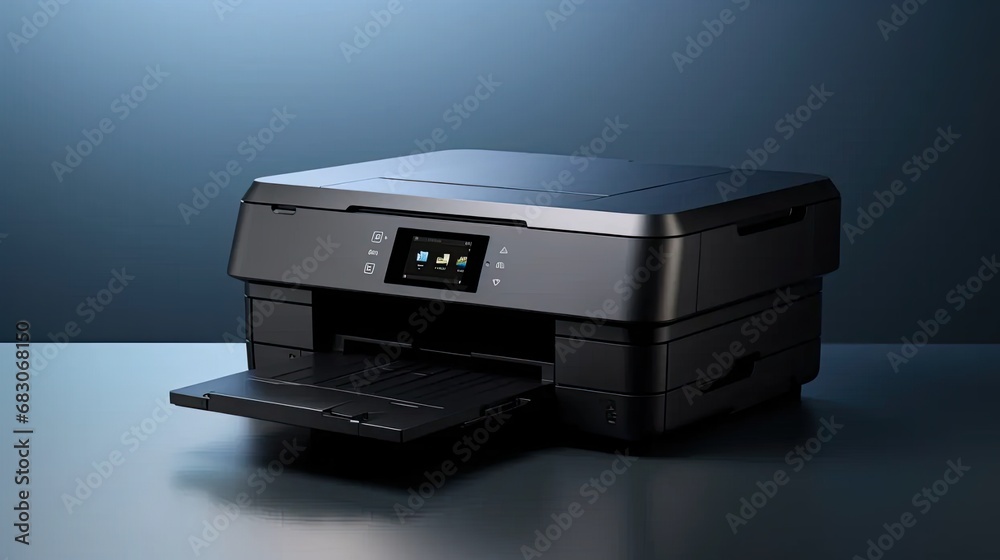 a modern gray printer against a clean and light background, the printer's features and details, capturing the essence of technology in a minimalist setting.