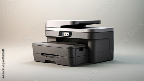 a modern gray printer against a clean and light background, the printer's features and details, capturing the essence of technology in a minimalist setting.