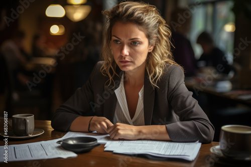 A businesswoman reviewing financial statements with a serious expression. Concept of fiscal responsibility and financial analysis. Generative Ai.