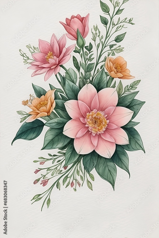 Fototapeta premium Greeting card. Flowers on the wuite paper. AI generated illustration