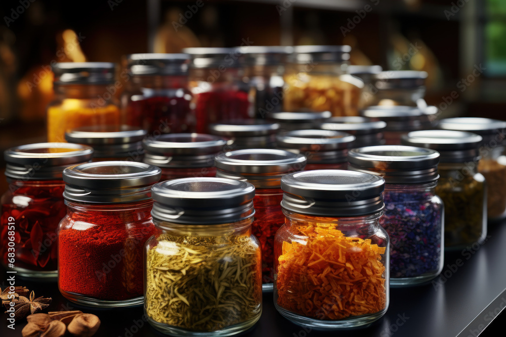 A set of crystal-clear glass jars filled with colorful spices, creating a visually appealing kitchen display. Concept of culinary aesthetics. Generative Ai. A set of crystal-clear glass jars filled with colorful spices, creating a visually appealing kitchen display. Concept of culinary aesthetics. Generative Ai.