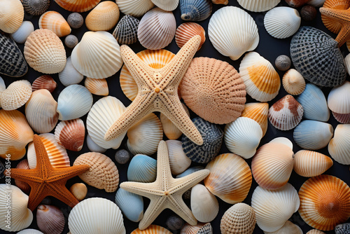 A carefully arranged assortment of seashells of various shapes and sizes, bringing the calming essence of the beach indoors. Concept of coastal tranquility. Generative Ai.