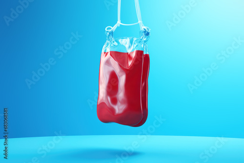 blood bag system flying and floating in air on a blue background. Creative concept World donor day, national blood donor month. Banner, copy space photo