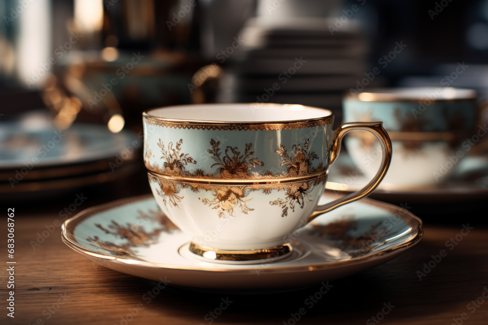Fototapeta premium A set of elegant porcelain teacups and saucers arranged on a tabletop, representing refined tea culture. Concept of sophisticated tea enjoyment. Generative Ai.