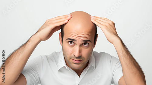 Middle aged man touching his head showing concern over hair loss. Male-pattern baldness androgenetic type photo