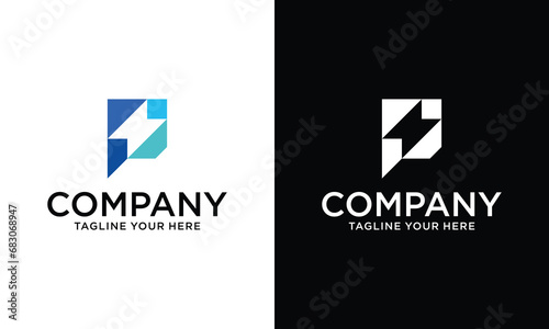 P letter and lightning on the dark background. P monogram. Power and energy technology.