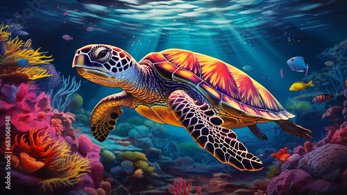 illustration of a sea turtle near the reefs