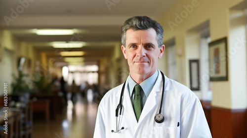 Middle aged medical professional physician in white coat with stethoscope hanging around his neck. Healthcare system state financing hospital management concept