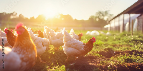 Chicken farm free range pastured birds. Sustainable poultry farming concept photo