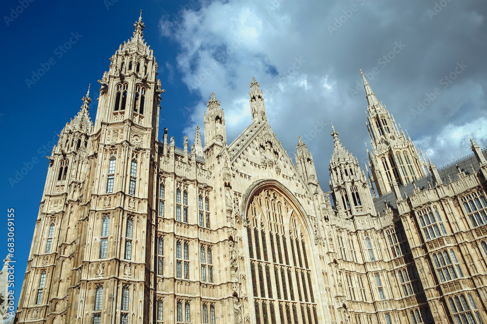 Naklejka premium Facade of St Stephen's hall, part of Palace of Westminster in London, view from Old Palace Yard, UK