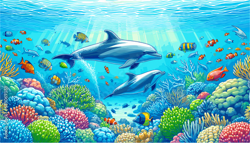 Vector illustration. Dolphins under water at the coral reef with exotic fishes. Underwater world of the ocean. Algae, corals and sea anemones on the seabed. photo