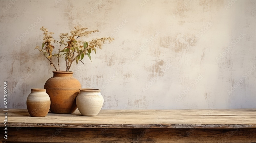 antique earthenware on old wooden table with beige concrete wall background. antique earthenware on old wooden table with beige concrete wall background.