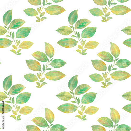 seamless botanical pattern, watercolor green abstract leaves for design of wallpaper, wrapping paper, textile on white background