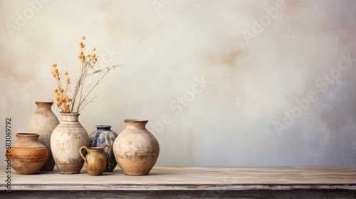 antique earthenware on old wooden table with beige concrete wall background.