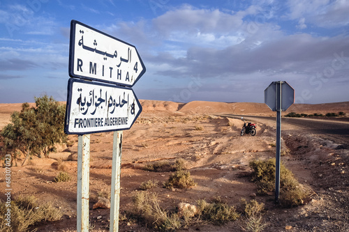 Road signs in Ain El Ouchika town near border with Algeria