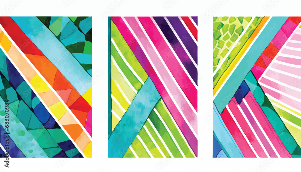 Vector colorful colourful abstract banners with mosaic geometric design; hand drawn watercolor; raster illustration