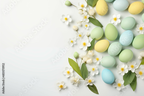 Serene Easter Celebration: Pastel Eggs and White Flowers on Minimalist Backdrop
