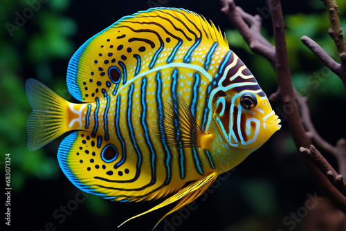Unusual tropical aquarium fish, underwater world