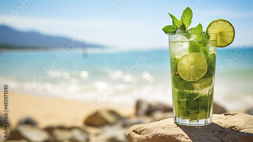 Mojito cocktail, beach in the background, AI generated 